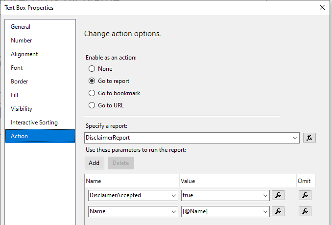 SSRS Action to open a report with parameters