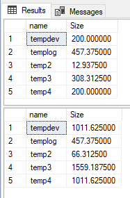 SSMS results show a growth in the tempdb files