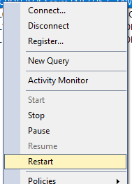 SSMS right click menu with Restart highlighted 