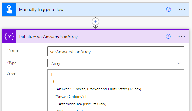 Initialize variable varAnswersJsonArray of type Array with the Josn array inside it.