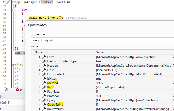 An MVC Request captured and showing in QuickWatch