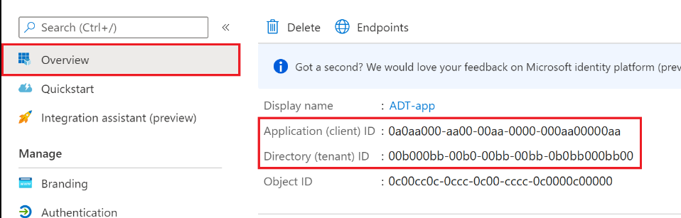 client and tenant IDs in Azure Portal